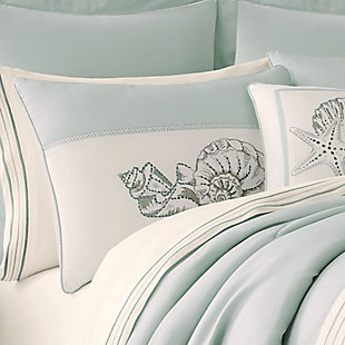 Here is a refreshing coastal comforter set. The soft colors are embroidered with intricate shells and sea life cascading across the bed as if it were an ocean floor. Color your life with the tranquil figures of the ocean.Made of 100% polyester | Plush polyfill | 1 queen comforter | 2 standard shams | 1 queen bedskirt | Dry clean only | Imported