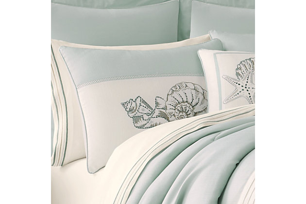 Here is a refreshing coastal comforter set. The soft colors are embroidered with intricate shells and sea life cascading across the bed as if it were an ocean floor. Color your life with the tranquil figures of the ocean.Made of 100% polyester | Plush polyfill | 1 queen comforter | 2 standard shams | 1 queen bedskirt | Dry clean only | Imported