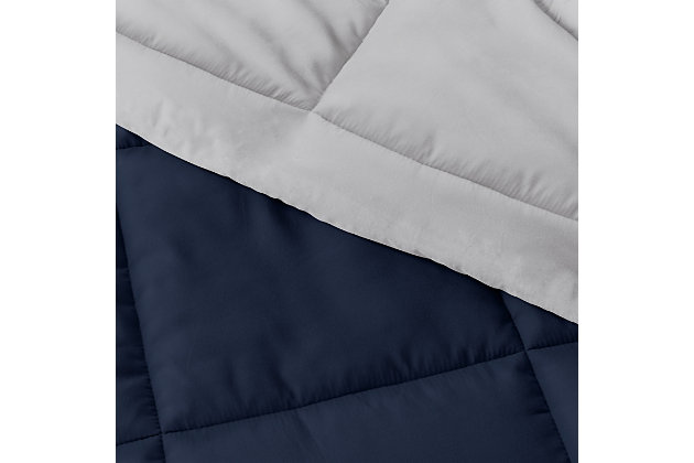 Not too heavy and not too light, this down-alternative comforter by ienjoy Home® is just right. Featuring a superior loft and down-like feel to keep you cozy all year round, this luxury comforter features end-to-end baffle-box construction to prevent fiber from shifting, eliminating the need for regular fluffing. Rest assured, this quality comforter is 100% hypoallergenic, too.Made of microfiber | Lightweight shell for exceptional softness and drape | Evenly filled for superior warmth | Oversized dimensions; perfect for extra-deep mattresses | Generous baffle box stitching for optimum loft | Machine washable | Imported