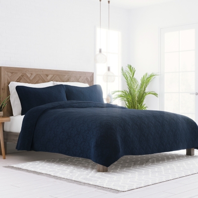 Damask Patterned 3-Piece King/California King Quilted Coverlet Set, Navy