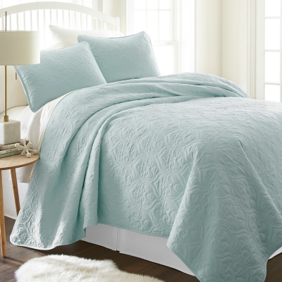Damask Patterned 3-Piece King/California King Quilted Coverlet Set, Pale Blue, large