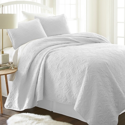 Damask Patterned 3-Piece King/California King Quilted Coverlet Set, White, large