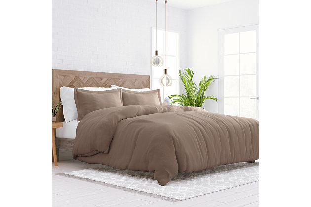 Add an updated vibe to your heavenly haven with this 3-piece duvet cover set by ienjoy Home®.  Woven of the finest imported double-brushed yarns for a new level of indulgence and breathability, soft-to-the-touch microfiber will stay smooth and wrinkle free for years of easy-care comfort. Available in a variety of coordinating colors and patterns for an irresistibly luxurious impression.Includes duvet cover and 2 shams | Made of microfiber | Double-brushed for outstanding comfort | Hypoallergenic and antimicrobial for allergy sufferers and sensitive skin | Machine washable | Imported