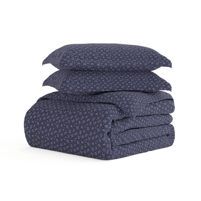 Midnight Blossom Patterned 3-Piece Full/Queen Duvet Cover Set, Navy, large