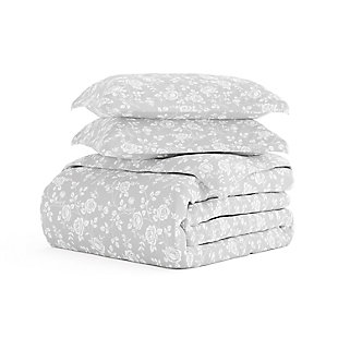 Rose Patterned 3-Piece Twin/Twin XL Duvet Cover Set, Light Gray, rollover