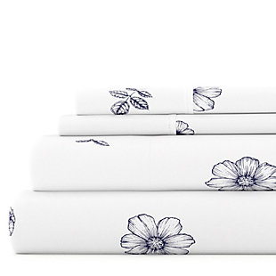 Flower Patterned 4-Piece California King Sheet Set, Navy, large