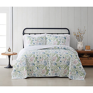 Cottage Classics Field Floral 3 Piece Full/Queen Quilt Set, Blue, rollover