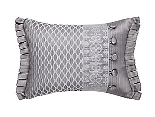 Hand crafted luxury, the boudoir pillow adds texture and elegance to the ensemble. A special pleating effect using the textured satin is combined with the delicate coordinating border and the diamond fabric to create this custom pillow. Both ends of the boudoir are finished with pleated satin flanges.
The reverse of the pillow is the textured satin.100% polyester | Silver | Elegant accent pillow for your bedding, sofa, or armchair | Made with design house quality fabric and craftsmanship | Timeless take on traditional patterns with an updated color palette | Dry clean only | Imported | Polyester fill