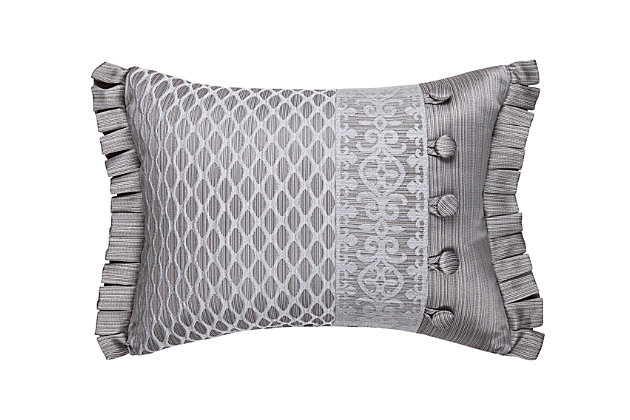 Hand crafted luxury, the boudoir pillow adds texture and elegance to the ensemble. A special pleating effect using the textured satin is combined with the delicate coordinating border and the diamond fabric to create this custom pillow. Both ends of the boudoir are finished with pleated satin flanges.
The reverse of the pillow is the textured satin.100% polyester | Silver | Elegant accent pillow for your bedding, sofa, or armchair | Made with design house quality fabric and craftsmanship | Timeless take on traditional patterns with an updated color palette | Dry clean only | Imported | Polyester fill