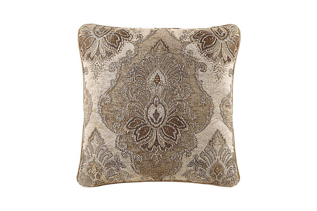 The 20" X 20" Dec Pillow has a woven chenille damask centered on the pillow. It is finished with a 1/4" solid velvet piping, and reverses to the coordinating woven chenille stripe running in the vertical direction.100% polyester | Beige | Elegant accent pillow for your bedding, sofa, or armchair | Made with design house quality fabric and craftsmanship | Timeless take on traditional patterns with an updated color palette | Dry clean only | Imported | Polyester fill