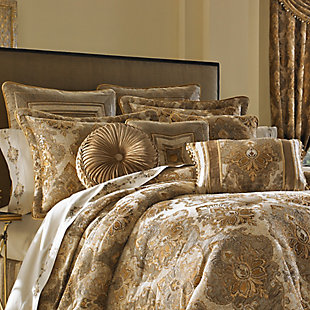 Bradshaw features a traditional woven chenille damask, using an intricately designed pattern. The deep rich natural colors in this bedding ensemble are a great accent to any bedroom. The comforter is generously oversized and overfilled and finished with a solid black velvet piping. The 4 pcs set includes : One beautifully designed comforter. Two perfectly matched padded pillow shams with a hidden zipper. The fabric is engineered so that the damask is perfectly centered on each pillow sham. The shams have a 2" flange and are bordered with the same solid chenille piping as used on the comforter. One coordinating bed skirt, consisting of a complementing woven chenille stripe running vertically, and split corners with a 18" drop. 100% Polyester | Beige | Comforter Set Includes: 1 Comforter, 2 Pillow Shams, 1 Bed Skirt  | Made with design house quality fabric and craftsmanship  | Timeless take on traditional patterns with an updated color palette  | Dry clean only | Imported | Polyester fill