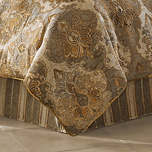 Bradshaw features a traditional woven chenille damask, using an intricately designed pattern. The deep rich natural colors in this bedding ensemble are a great accent to any bedroom. The comforter is generously oversized and overfilled and finished with a solid black velvet piping. The 4 pcs set includes : One beautiy designed comforter. Two perfectly matched padded pillow shams with a hidden zipper. The fabric is engineered so that the damask is perfectly centered on each pillow sham. The shams have a 2" flange and are bordered with the same solid chenille piping as used on the comforter. One coordinating bed skirt, consisting of a complementing woven chenille stripe running vertically, and split corners with a 18" drop. 100% Polyester | Beige | Comforter Set Includes: 1 Comforter, 2 Pillow Shams, 1 Bed Skirt  | Made with design house quality fabric and craftsmanship  | Timeless take on traditional patterns with an updated color palette  | Dry clean only | Imported | Polyester fill