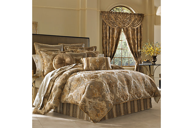 Bradshaw features a traditional woven chenille damask, using an intricately designed pattern. The deep rich natural colors in this bedding ensemble are a great accent to any bedroom. The comforter is generously oversized and overfilled and finished with a solid black velvet piping. The 4 pcs set includes : One beautiy designed comforter. Two perfectly matched padded pillow shams with a hidden zipper. The fabric is engineered so that the damask is perfectly centered on each pillow sham. The shams have a 2" flange and are bordered with the same solid chenille piping as used on the comforter. One coordinating bed skirt, consisting of a complementing woven chenille stripe running vertically, and split corners with a 18" drop. 100% Polyester | Beige | Comforter Set Includes: 1 Comforter, 2 Pillow Shams, 1 Bed Skirt  | Made with design house quality fabric and craftsmanship  | Timeless take on traditional patterns with an updated color palette  | Dry clean only | Imported | Polyester fill