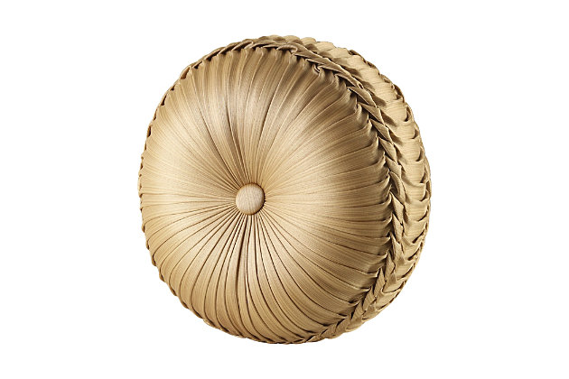 The tufted round pillow uses the unique antique satin fabric. Carefully pleated on both sides, creating a perfect round gusseted pillow. A one inch satin fabric button is centered on both sides giving the pillow a custom tufted finish.100% polyester | Gold | Elegant accent pillow for your bedding, sofa, or armchair | Made with design house quality fabric and craftsmanship | Timeless take on traditional patterns with an updated color palette | Dry clean only | Imported | Polyester fill