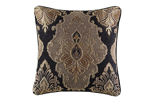 The 20" X 20" Dec Pillow has a woven chenille damask centered on the pillow. It is finished with a 1/4" solid black velvet piping, and reverses to the coordinating woven chenille stripe running in the vertical direction.100% polyester | Black | Elegant accent pillow for your bedding, sofa, or armchair | Made with design house quality fabric and craftsmanship | Timeless take on traditional patterns with an updated color palette | Dry clean only | Imported | Polyester fill
