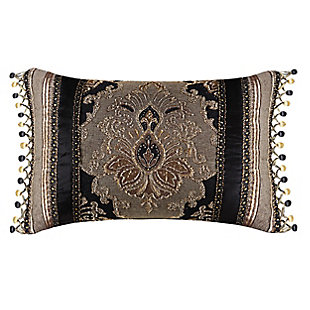The Boudoir Pillow is intricately designed primarily consisting of the woven chenille damask fabric, bordered on either side by a stripe of solid black velvet, as well as a woven chenille stripe.
The boudoir reverses to a coordinating woven chenille stripe. This pillow is accented with multi colored gimp between each section and finished with a tassel ball fringe on the ends.100% polyester | Black | Elegant accent pillow for your bedding, sofa, or armchair | Made with design house quality fabric and craftsmanship | Timeless take on traditional patterns with an updated color palette | Dry clean only | Imported | Polyester fill
