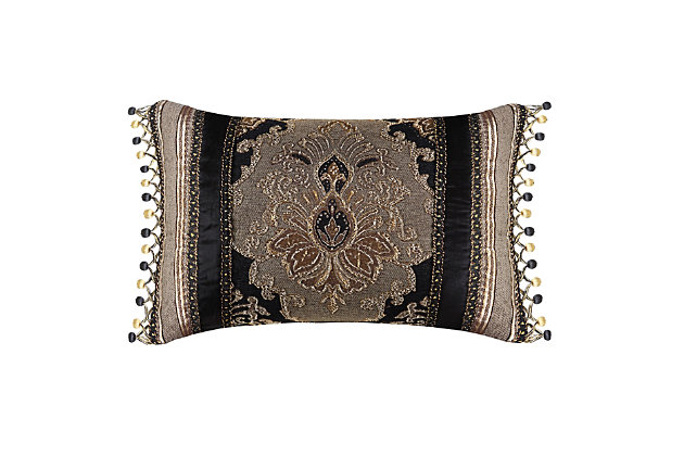 The Boudoir Pillow is intricately designed primarily consisting of the woven chenille damask fabric, bordered on either side by a stripe of solid black velvet, as well as a woven chenille stripe.
The boudoir reverses to a coordinating woven chenille stripe. This pillow is accented with multi colored gimp between each section and finished with a tassel ball fringe on the ends.100% polyester | Black | Elegant accent pillow for your bedding, sofa, or armchair | Made with design house quality fabric and craftsmanship | Timeless take on traditional patterns with an updated color palette | Dry clean only | Imported | Polyester fill