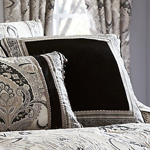 The 18" X 18" pillow offers a perfectly centered medallion embroidery that matches back to the comforter. 
The pillow is framed with a 1/4" piping in the black velvet.
The reverse of the decorative pillow is a solid black velvet with a hidden zipper closure.100% polyester | Silver | Elegant accent pillow for your bedding, sofa, or armchair | Made with design house quality fabric and craftsmanship | Timeless take on traditional patterns with an updated color palette | Dry clean only | Imported | Polyester fill