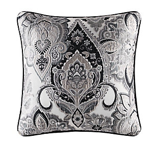 The 20" x 20" pillow is a woven medallion. The design is centered on the pillow and framed with 1/4" piping in black velvet.
The reverse of the decorative pillow is a solid black velvet with a hidden zipper closure.100% polyester | Silver | Elegant accent pillow for your bedding, sofa, or armchair | Made with design house quality fabric and craftsmanship | Timeless take on traditional patterns with an updated color palette | Dry clean only | Imported | Polyester fill