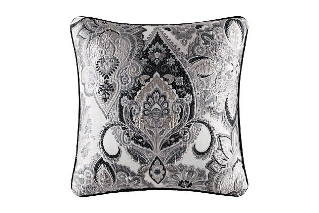 The 20" x 20" pillow is a woven medallion. The design is centered on the pillow and framed with 1/4" piping in black velvet.
The reverse of the decorative pillow is a solid black velvet with a hidden zipper closure.100% polyester | Silver | Elegant accent pillow for your bedding, sofa, or armchair | Made with design house quality fabric and craftsmanship | Timeless take on traditional patterns with an updated color palette | Dry clean only | Imported | Polyester fill