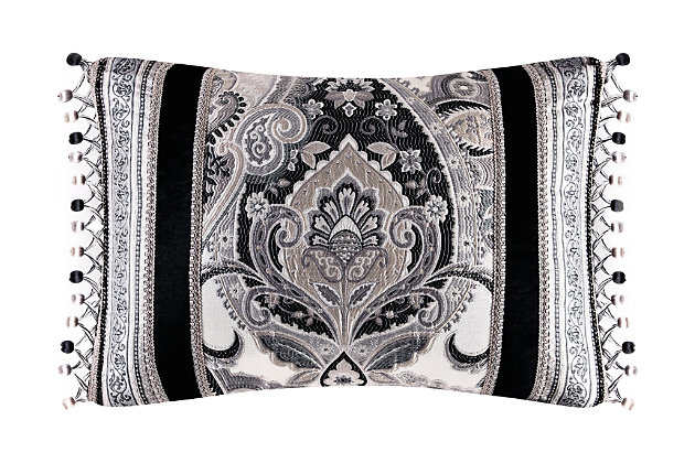 The boudoir pillow utilizes three intricate fabrications. A luxe woven medallion, woven stripe and black velvet fabric with a hidden zipper closure to make this pillow reversible.100% polyester | Silver | Elegant accent pillow for your bedding, sofa, or armchair | Made with design house quality fabric and craftsmanship | Timeless take on traditional patterns with an updated color palette | Dry clean only | Imported | Polyester fill