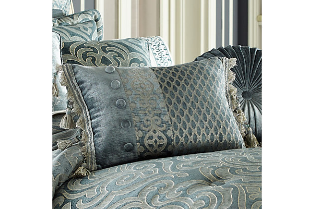 The boudoir pillow is intricately designed primarily consisting of the teal chenille lattice, bordered on the left by a stripe of the chenille scroll, with the solid teal, chenille as well. This is accented with the fabric covered buttons and finished with a crystal beaded tassel on the ends.100% polyester | Blue | Elegant accent pillow for your bedding, sofa, or armchair | Made with design house quality fabric and craftsmanship | Timeless take on traditional patterns with an updated color palette | Dry clean only | Imported | Polyester fill