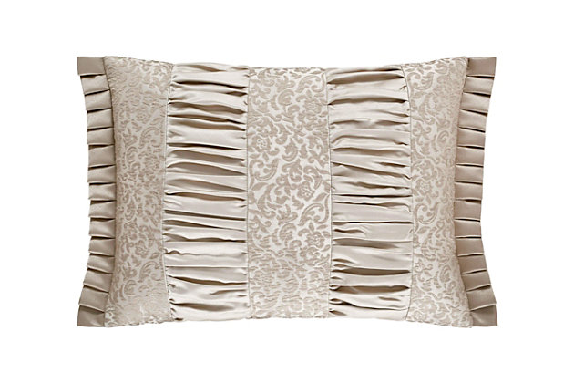 The boudoir pillow puts the finishing touch to this elegant ensemble. The face of the pillow uses the luxurious satin with a special gathered technique and is bordered by the delicate border on all sides. Pleated satin flanges have been added to each of the ends for a custom finished look. The reverse of the pillow is the coordinating solid satin.100% polyester | Gold | Elegant accent pillow for your bedding, sofa, or armchair | Made with design house quality fabric and craftsmanship | Timeless take on traditional patterns with an updated color palette | Dry clean only | Imported | Polyester fill