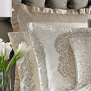 The Euro shams add dimension and drama to the ensemble. An elegant satin fabric is framed with an intricate border and has a pleated satin flange adding a luxurious finish. The reverse of the sham is a smooth, soft fabric and is finished with a hidden zipper for comfort.100% Polyester | Gold | Features a hidden zipper closure detail  | Made with design house quality fabric and craftsmanship  | Timeless take on traditional patterns with an updated color palette  | Dry clean only | Imported