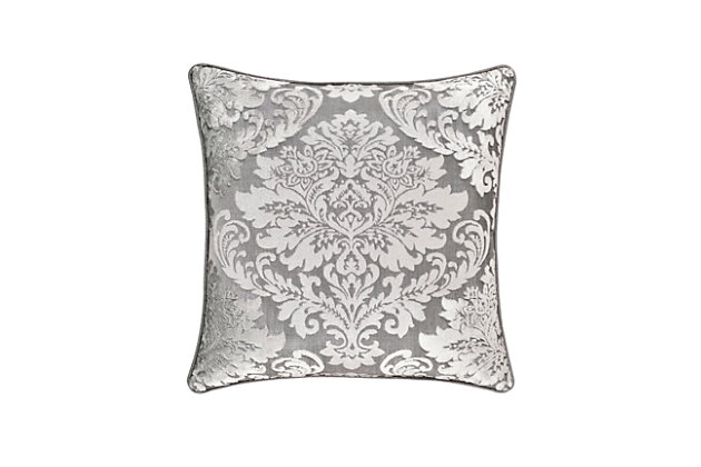 The 18" square pillow centers the large damask and reverses to the diamond coordinate and finished with the fine solid cord.100% polyester | Silver | Elegant accent pillow for your bedding, sofa, or armchair | Made with design house quality fabric and craftsmanship | Timeless take on traditional patterns with an updated color palette | Dry clean only | Imported | Polyester fill