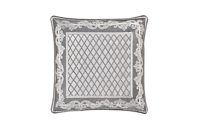 The 20" square accent pillow is the diamond fabric framed with the scroll border. It reverses to the diamond coordinating fabric and finished with a fine solid cord.100% polyester | Silver | Elegant accent pillow for your bedding, sofa, or armchair | Made with design house quality fabric and craftsmanship | Timeless take on traditional patterns with an updated color palette | Dry clean only | Imported | Polyester fill