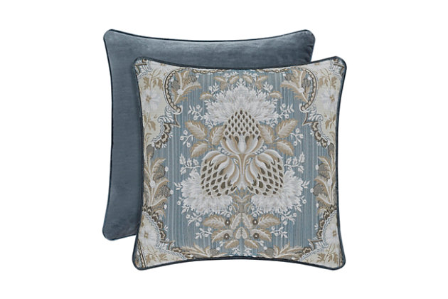 The 18" X 18" pillow has the woven jacquard floral design in the center. The pillow has a 1/4" blue velvet piping on all sides. The pillow reverses to solid blue velvet.100% polyester | Blue | Elegant accent pillow for your bedding, sofa, or armchair | Made with design house quality fabric and craftsmanship | Timeless take on traditional patterns with an updated color palette | Dry clean only | Imported | Polyester fill