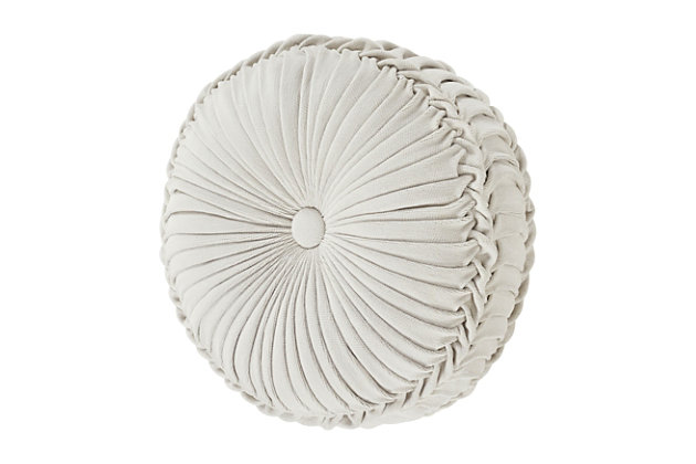 The tufted round pillow uses a luxurious solid white chenille to create a one of a kind accent to this bedding ensemble. These unique pillows are sewn by hand and are finished with a fabric-covered button on both sides with a hidden zipper closure.100% polyester | White | Elegant accent pillow for your bedding, sofa, or armchair | Made with design house quality fabric and craftsmanship | Timeless take on traditional patterns with an updated color palette | Dry clean only | Imported | Polyester fill