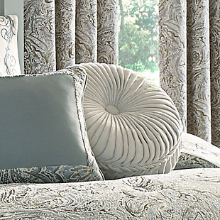 The tufted round pillow uses a luxurious solid white chenille to create a one of a kind accent to this bedding ensemble. These unique pillows are sewn by hand and are finished with a fabric-covered button on both sides with a hidden zipper closure.100% polyester | White | Elegant accent pillow for your bedding, sofa, or armchair | Made with design house quality fabric and craftsmanship | Timeless take on traditional patterns with an updated color palette | Dry clean only | Imported | Polyester fill