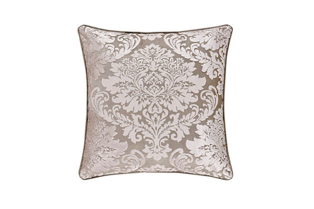 The 18" square pillow centers the large damask and reverses to the diamond coordinate and finished with the fine solid cord.100% polyester | Beige | Elegant accent pillow for your bedding, sofa, or armchair | Made with design house quality fabric and craftsmanship | Timeless take on traditional patterns with an updated color palette | Dry clean only | Imported | Polyester fill
