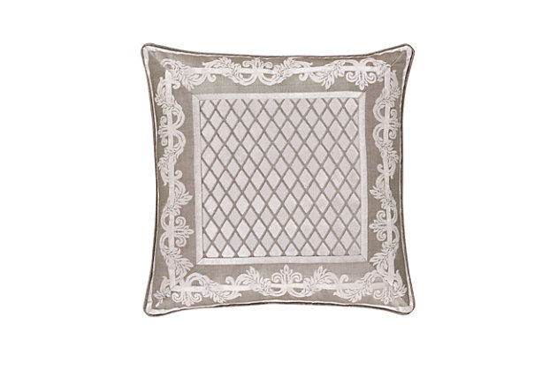 The 20" square accent pillow is the diamond fabric framed with the scroll border. It reverses to the diamond coordinating fabric and finished with a fine solid cord.100% polyester | Beige | Elegant accent pillow for your bedding, sofa, or armchair | Made with design house quality fabric and craftsmanship | Timeless take on traditional patterns with an updated color palette | Dry clean only | Imported | Polyester fill