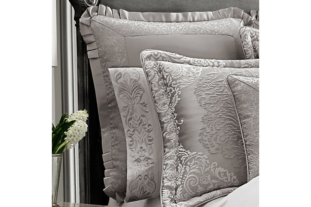 The Euro shams add dimension and drama to the ensemble. An elegant satin fabric is framed with an intricate border and has a pleated satin flange adding a luxurious finish. The reverse of the sham is a smooth, soft fabric and is finished with a hidden zipper for comfort.100% Polyester | Silver | Features a hidden zipper closure detail  | Made with design house quality fabric and craftsmanship  | Timeless take on traditional patterns with an updated color palette  | Dry clean only | Imported