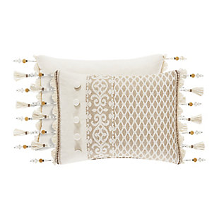 The Boudoir Pillow has a lattice design on ¾” of the pillow with a stripe running vertical and a solid colored chenille on the left side. Decorative buttons are covered and placed in the chenille section. The boudoir is finished with a tassel fringe on either side.100% polyester | Beige | Elegant accent pillow for your bedding, sofa, or armchair | Made with design house quality fabric and craftsmanship | Timeless take on traditional patterns with an updated color palette | Dry clean only | Imported | Polyester fill