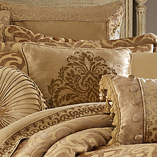 The 20" square Dec pillow has a detailed embroidery on the face of this pillow. The embroidery complements the woven damask on the comforter. 1/4" piping in solid chenille finishes the pillow.77% polyester / 23% rayon | Gold | Elegant accent pillow for your bedding, sofa, or armchair | Made with design house quality fabric and craftsmanship | Timeless take on traditional patterns with an updated color palette | Dry clean only | Imported | Polyester fill