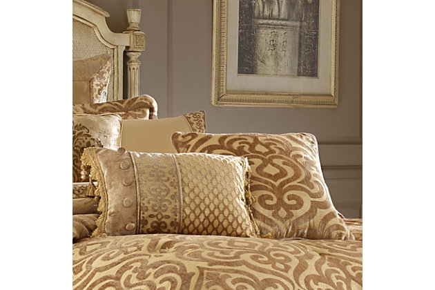 The Boudoir Pillow has the woven chenille lattice on ¾ of the pillow with the stripe running vertically next to it. A solid chenille stripe with covered buttons runs along side the stripe. 1/4" piping is between each fabric. The pillow is finished with a tassel fringe.77% polyester / 23% rayon | Gold | Elegant accent pillow for your bedding, sofa, or armchair | Made with design house quality fabric and craftsmanship | Timeless take on traditional patterns with an updated color palette | Dry clean only | Imported | Polyester fill