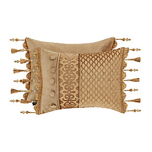 The Boudoir Pillow has the woven chenille lattice on ¾ of the pillow with the stripe running vertically next to it. A solid chenille stripe with covered buttons runs along side the stripe. 1/4" piping is between each fabric. The pillow is finished with a tassel fringe.77% polyester / 23% rayon | Gold | Elegant accent pillow for your bedding, sofa, or armchair | Made with design house quality fabric and craftsmanship | Timeless take on traditional patterns with an updated color palette | Dry clean only | Imported | Polyester fill
