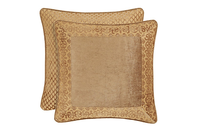 The Euro sham consists of solid goldtone chenille with an engineered stripe framing the face. A 1/4" piping in solid chenille finishes the pillow sham. The sham reverses to a woven chenille lattice. The fine details include a hidden zipper.77% polyester / 23% rayon | Gold | Features a hidden zipper closure detail | Made with design house quality fabric and craftsmanship | Timeless take on traditional patterns with an updated color palette | Dry clean only | Imported