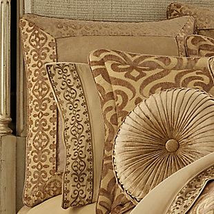The Euro sham consists of solid goldtone chenille with an engineered stripe framing the face. A 1/4" piping in solid chenille finishes the pillow sham. The sham reverses to a woven chenille lattice. The fine details include a hidden zipper.77% polyester / 23% rayon | Gold | Features a hidden zipper closure detail | Made with design house quality fabric and craftsmanship | Timeless take on traditional patterns with an updated color palette | Dry clean only | Imported