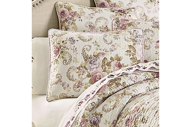 The Chambord Quilt Set is a classic floral pattern in deep plum, lavender and rose colors which are enhanced by earthy taupes and greens. Paired with matching shams and reversing to an antique diamond pattern which adds a sophisticate elegance to your bedroom.100% polyester | Purple | Shabby chic quilt; farmhouse quilt set; cottage quilt set; floral quilt; floral quilt set; country quilt set; french country quilt; 3 pc quilt set; patchwork quilt; damask quilt; 3 pc coverlet set; bedspread set; j queen quilt; luxury quilt | Made with design house quality fabric and craftsmanship | Shabby chic quilt; farmhouse quilt set; cottage quilt set; floral quilt; floral quilt set; country quilt set; french country quilt; 3 pc quilt set; patchwork quilt; damask quilt; 3 pc coverlet set; bedspread set; j queen quilt; luxury quilt | Dry clean only | Imported | Polyester fill