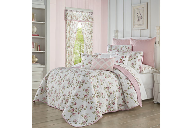 The Rosemary Quilt Set's classic floral design creates an atmosphere of vintage elegance. This printed white and pink floral is just lovely. Paired with matching shams and reversing to a printed ticking stripe this collection is the perfect addition to your lovely home.100% polyester | Pink | Shabby chic quilt; farmhouse quilt set; cottage quilt set; floral quilt; floral quilt set; country quilt set; french country quilt; 3 pc quilt set; patchwork quilt; damask quilt; 3 pc coverlet set; bedspread set; j queen quilt; luxury quilt | Made with design house quality fabric and craftsmanship | Shabby chic quilt; farmhouse quilt set; cottage quilt set; floral quilt; floral quilt set; country quilt set; french country quilt; 3 pc quilt set; patchwork quilt; damask quilt; 3 pc coverlet set; bedspread set; j queen quilt; luxury quilt | Dry clean only | Imported | Polyester fill