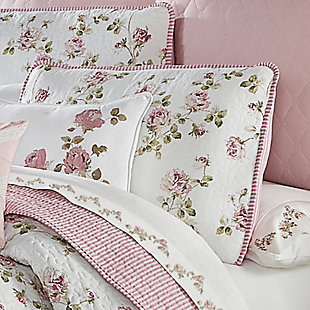 The Rosemary Quilt Set's classic floral design creates an atmosphere of vintage elegance. This printed white and pink floral is just lovely. Paired with matching shams and reversing to a printed ticking stripe this collection is the perfect addition to your lovely home.100% polyester | Pink | Shabby chic quilt; farmhouse quilt set; cottage quilt set; floral quilt; floral quilt set; country quilt set; french country quilt; 3 pc quilt set; patchwork quilt; damask quilt; 3 pc coverlet set; bedspread set; j queen quilt; luxury quilt | Made with design house quality fabric and craftsmanship | Shabby chic quilt; farmhouse quilt set; cottage quilt set; floral quilt; floral quilt set; country quilt set; french country quilt; 3 pc quilt set; patchwork quilt; damask quilt; 3 pc coverlet set; bedspread set; j queen quilt; luxury quilt | Dry clean only | Imported | Polyester fill