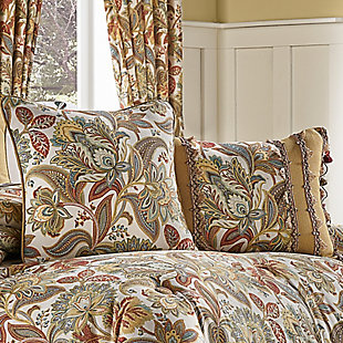 The 18" dec pillow has the printed floral Jacobean centered on the face. The pillow reverses to a woven solid gold. The pillow is finished by 1/4" solid goldtone piping.100% cotton | Brown, orange | Elegant accent pillow for your bedding, sofa, or armchair | Made with design house quality fabric and craftsmanship | Timeless take on traditional patterns with an updated color palette | Dry clean only | Imported | Polyester fill