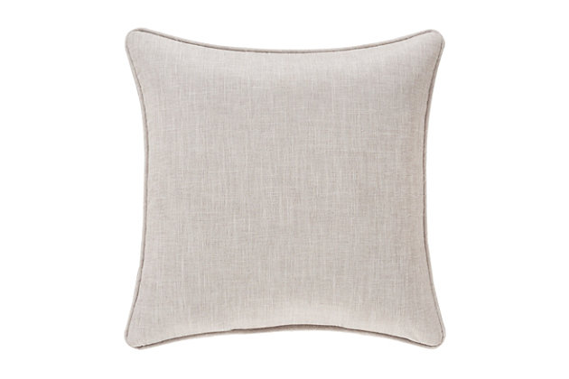 The 20" dec pillow has the same cream colored embroidered damask on the face as the sham. The pillow reverses to a beige colored faux linen. 1/4" beige colored piping finishes the dec pillow.100% polyester | Beige | Elegant accent pillow for your bedding, sofa, or armchair | Made with design house quality fabric and craftsmanship | Timeless take on traditional patterns with an updated color palette | Dry clean only | Imported | Polyester fill
