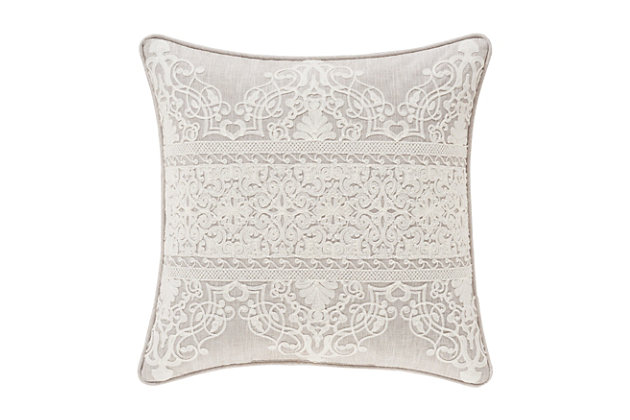 The 20" dec pillow has the same cream colored embroidered damask on the face as the sham. The pillow reverses to a beige colored faux linen. 1/4" beige colored piping finishes the dec pillow.100% polyester | Beige | Elegant accent pillow for your bedding, sofa, or armchair | Made with design house quality fabric and craftsmanship | Timeless take on traditional patterns with an updated color palette | Dry clean only | Imported | Polyester fill