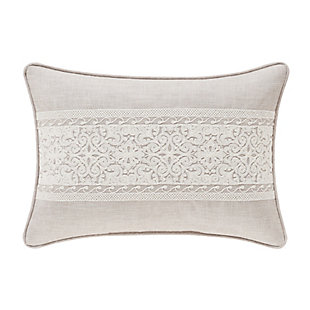 The boudoir pillow has an intricately detailed embroidered design running horizontal centered on the face. The face and reverse are a beige colored faux linen. The pillow is finished with 1/4" beige colored piping.100% polyester | Beige | Elegant accent pillow for your bedding, sofa, or armchair | Made with design house quality fabric and craftsmanship | Timeless take on traditional patterns with an updated color palette | Dry clean only | Imported | Polyester fill