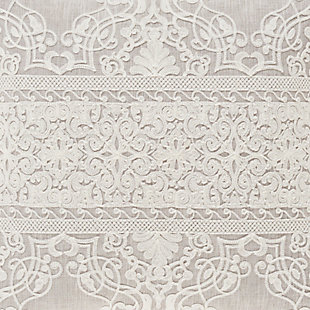 Lauralynn is a beautifully embroidered bedding collection. Cream embroidery runs horizontal across the beige faux linen comforter. The embroidery is an elegant damask design. The oversized comforter is embellished with 1/4" beige piping. The four piece set includes one comforter and two perfectly matched padded pillow shams with a hidden zipper. The pillow shams are engineered, centering the embroidered damask and finished with 1/4" beige piping. The bed skirt is solid faux linen beige with 2 rows of gimp running at the bottom. The bed skirt contains split corners and a 15" drop.100% polyester | Beige | Comforter set includes: 1 comforter, 2 pillow shams, 1 bed skirt | Made with design house quality fabric and craftsmanship | Timeless take on traditional patterns with an updated color palette | Dry clean only | Imported | Polyester fill